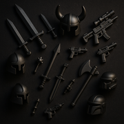 Custom 3D printed LEGO-compatible accessories flatlay — swords, helmets, and minifig weapons